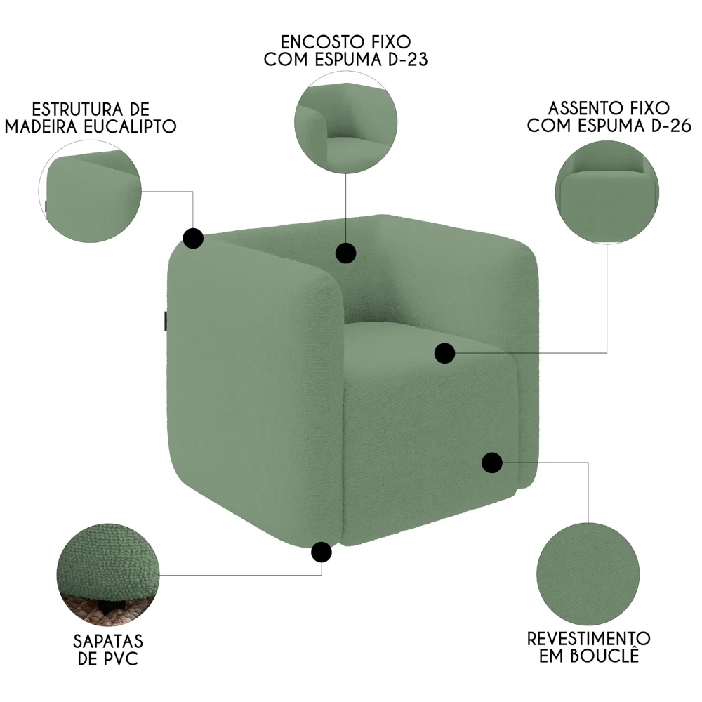 Poltrona para Sala de Estar Decorativa Kit com 2 Maggie Z08 Boucle Verde - Mpozenato