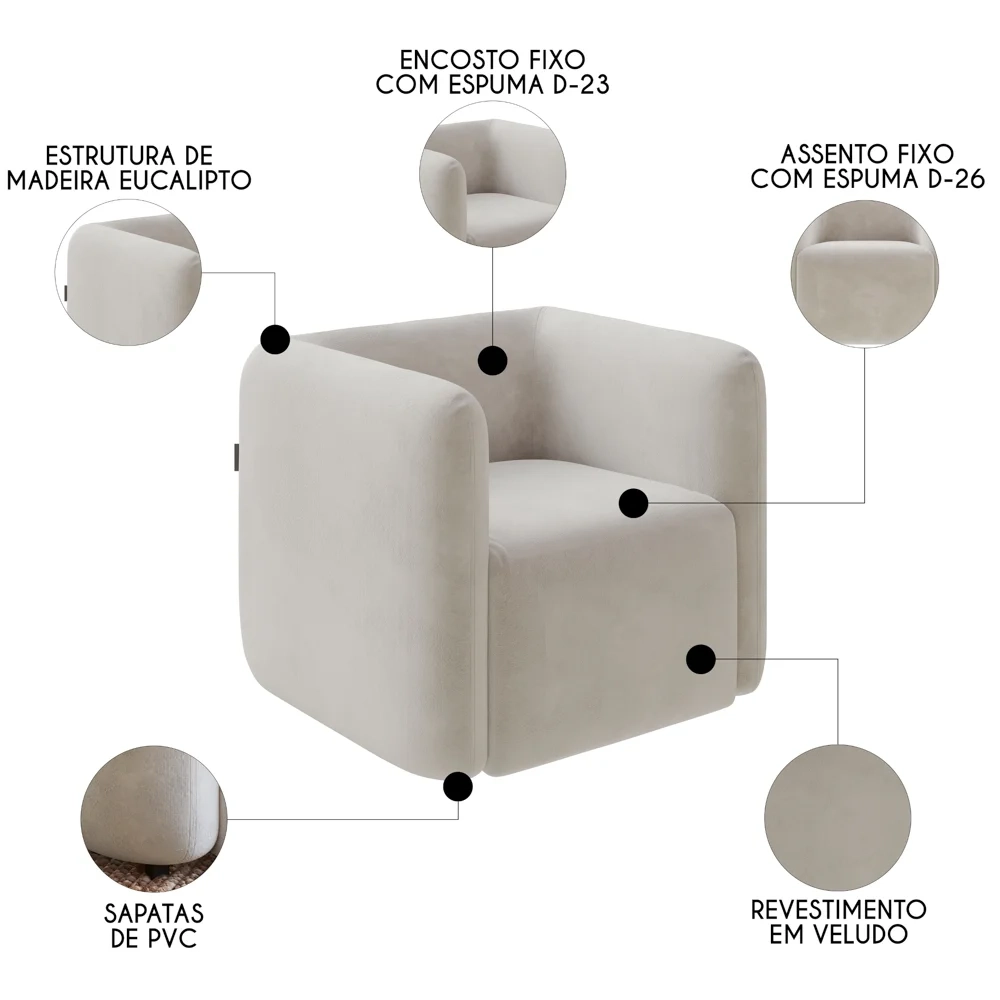 Poltrona para Sala de Estar Decorativa Kit com 2 Maggie Z08 Veludo Bege - Mpozenato