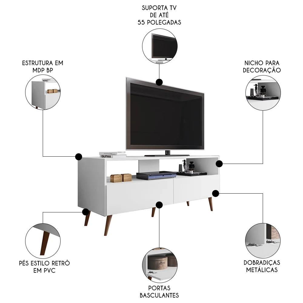 Rack para Sala Bancada de TV 55 Pol 136cm Pés Retrô Senna Z34 Branco - Mpozenato