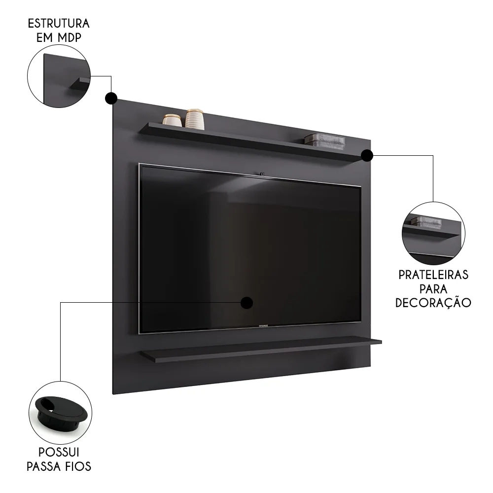 Painel para TV Suspenso 50 Pol 120cm 2 Prateleiras Versa Z34 Preto - Mpozenato