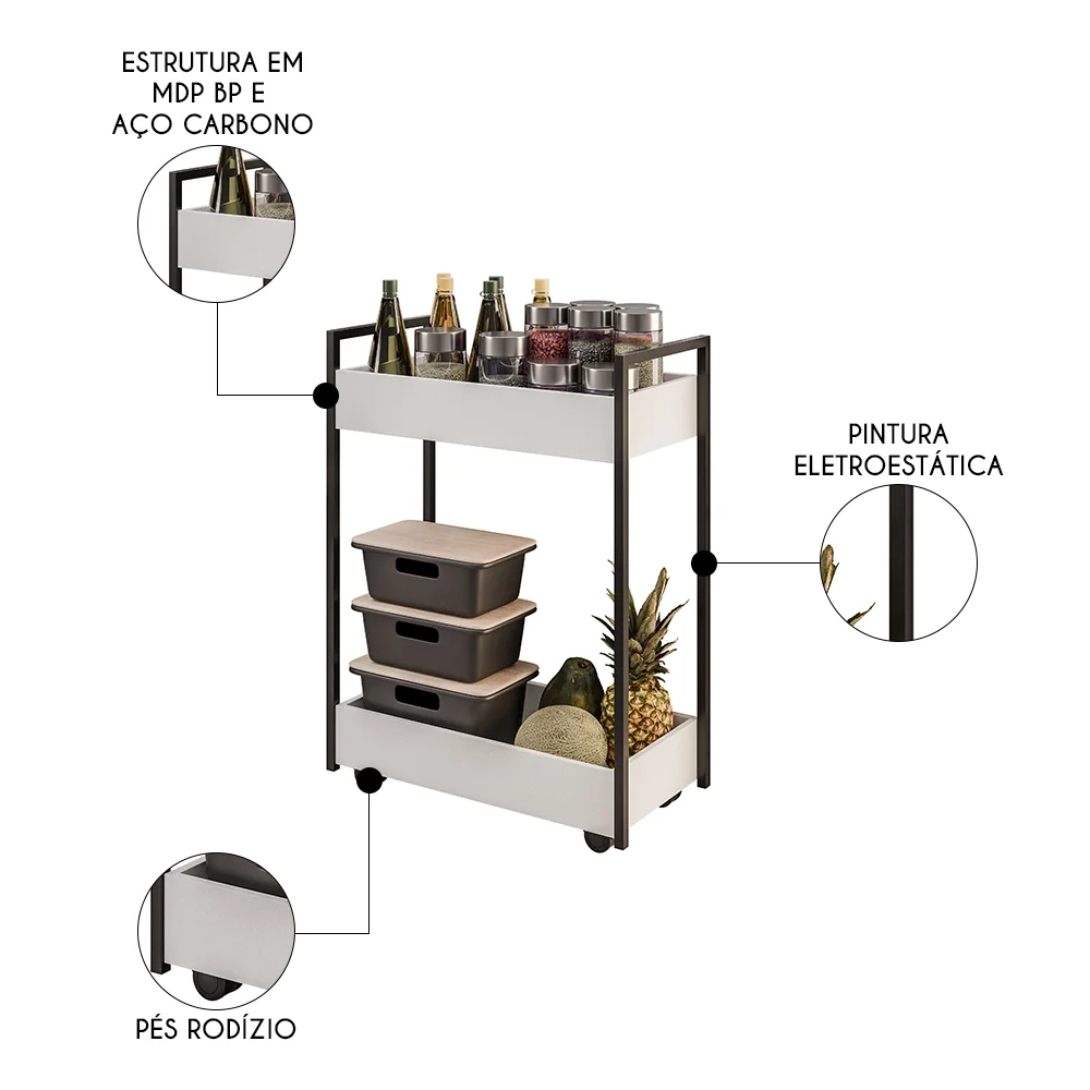 Carrinho Organizador Fruteira 2 Prateleiras Industrial Sara Z34 Branco/Preto - Mpozenato