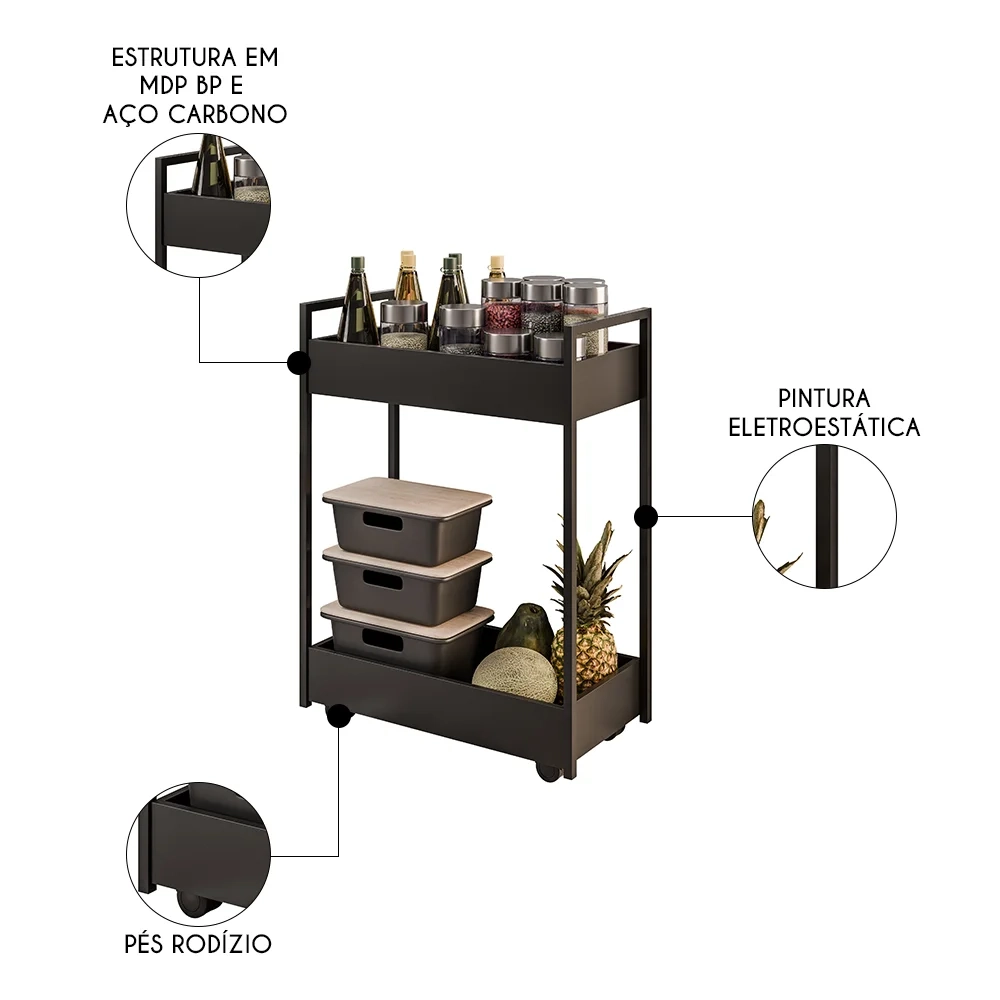 Carrinho Organizador Fruteira 2 Prateleiras Industrial Sara Z34 Preto/Preto - Mpozenato