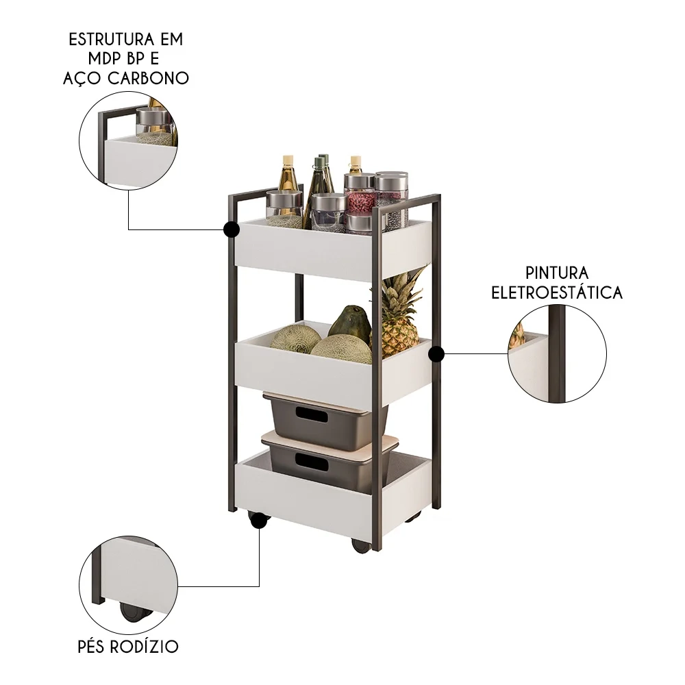 Carrinho Organizador Fruteira 3 Prateleiras Industrial Liss Z34 Branco/Preto - Mpozenato
