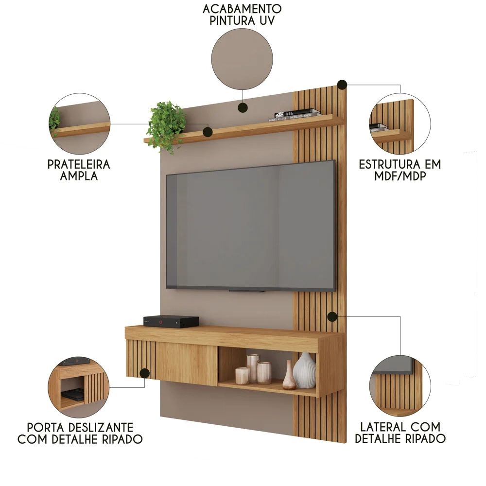 Painel para TV 45 Pol com Bancada Suspensa 120cm Jade Buriti/Fendi - Caemmun