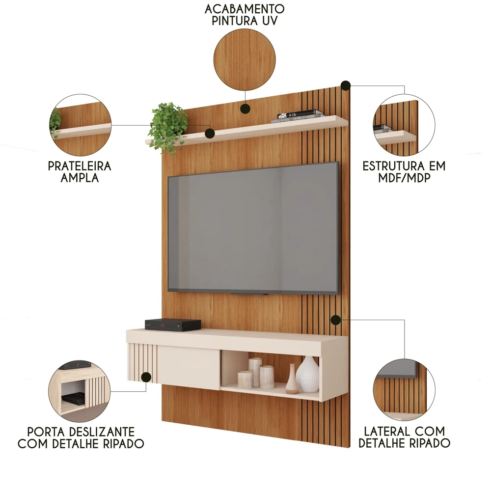 Painel para TV 45 Pol com Bancada Suspensa 120cm Jade Freijó/Off White - Caemmun
