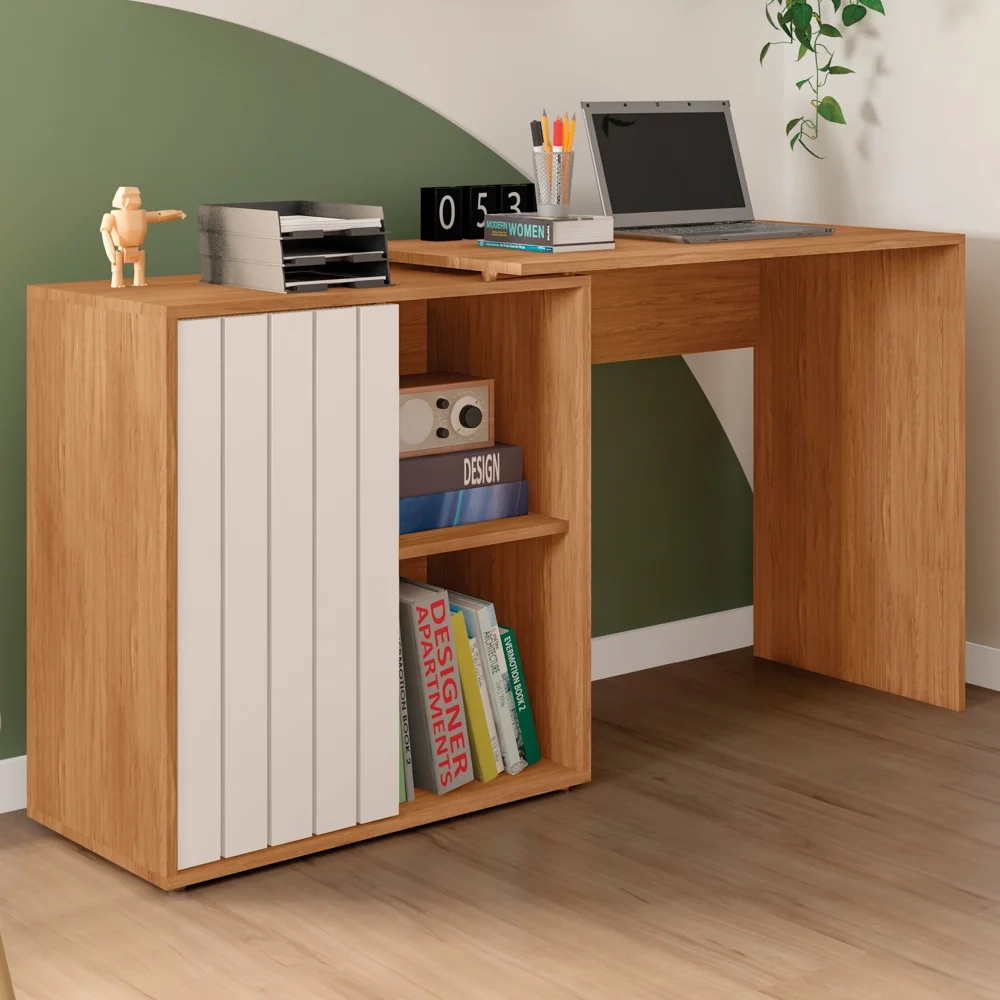 Mesa para Escritório Home Office 1 Porta Ripada Tech Freijó/Off White - Caemmun