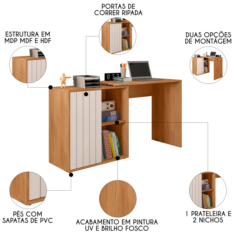 Mesa para Escritório Home Office 1 Porta Ripada Tech Freijó/Off White - Caemmun