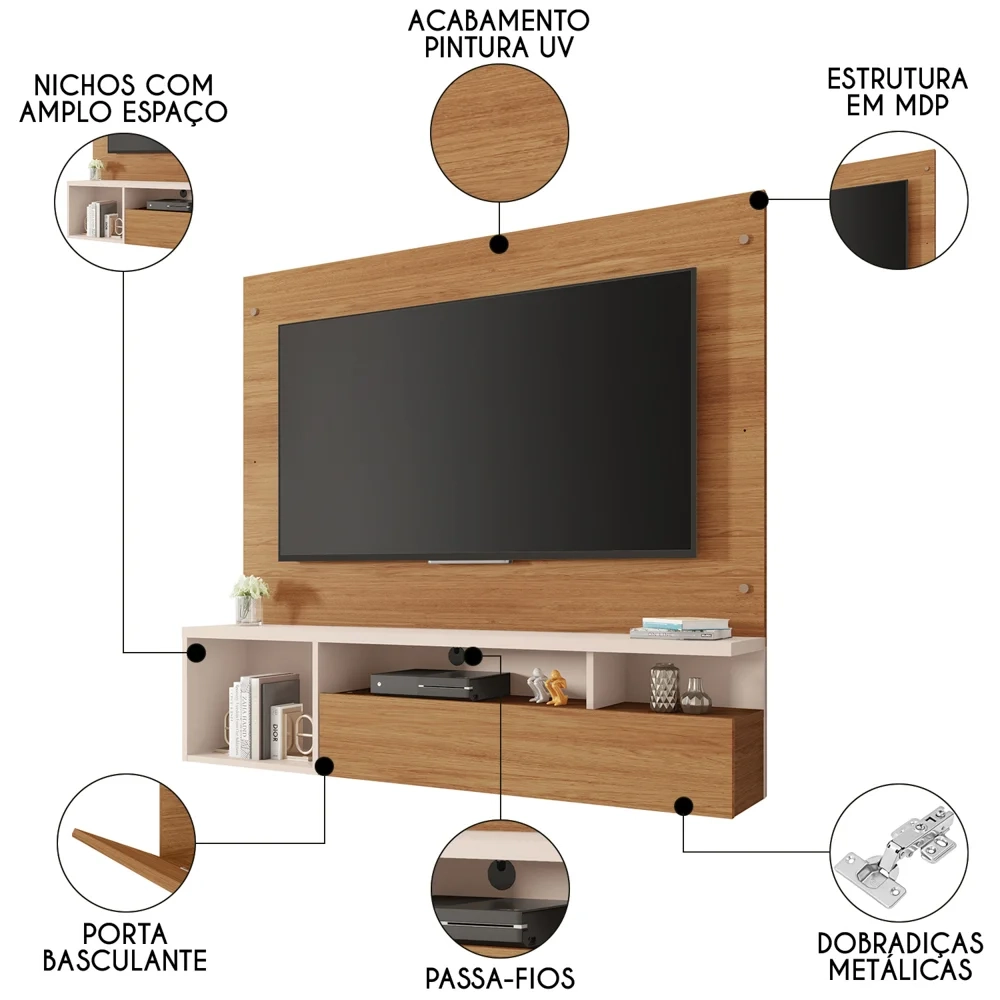 Painel para TV 55 Pol com Bancada Suspensa 136cm Brasil Freijó/Off White - Caemmun