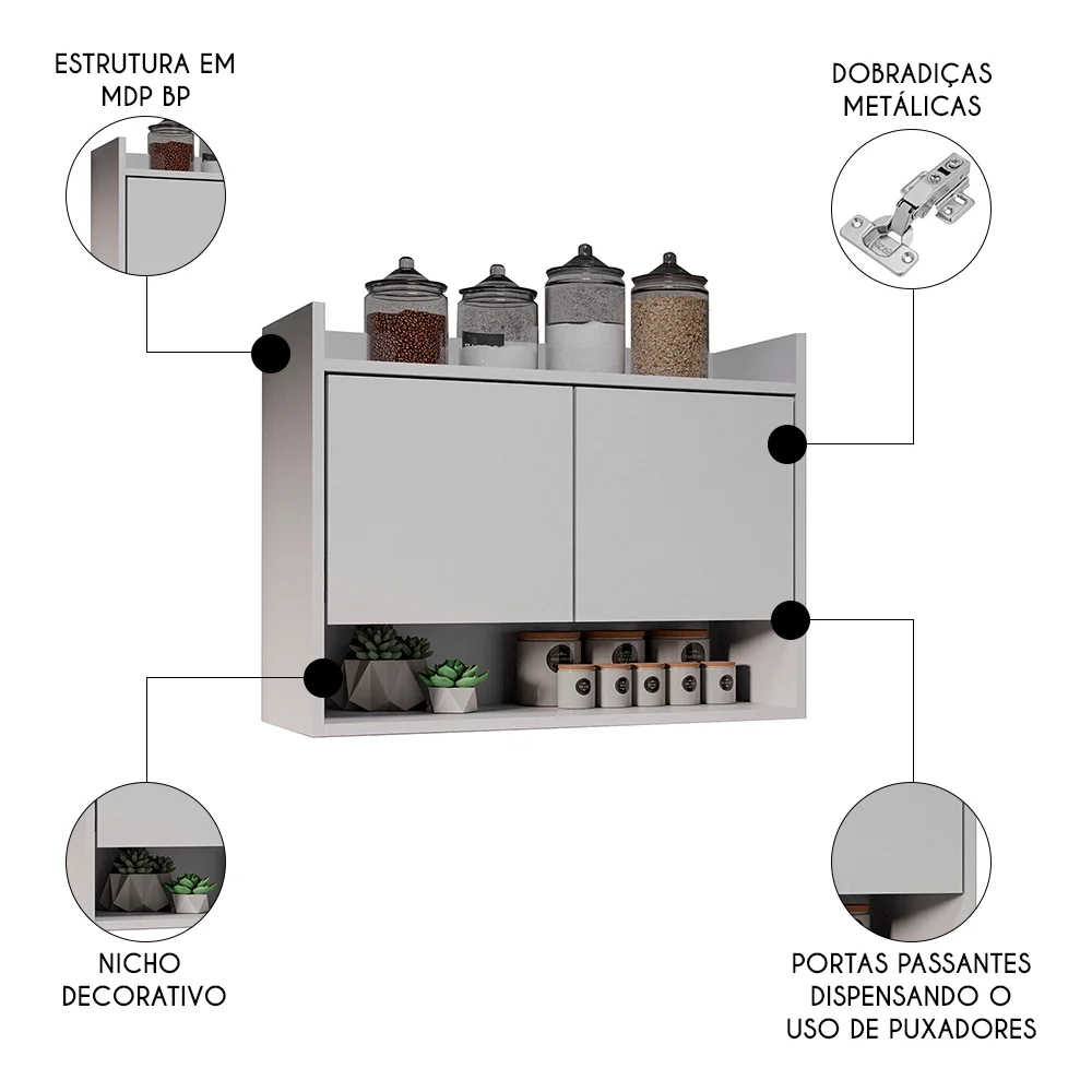 Armário de Cozinha Aéreo 71cm 2 Portas 1 Nicho Ceci Z34 Branco - Mpozenato