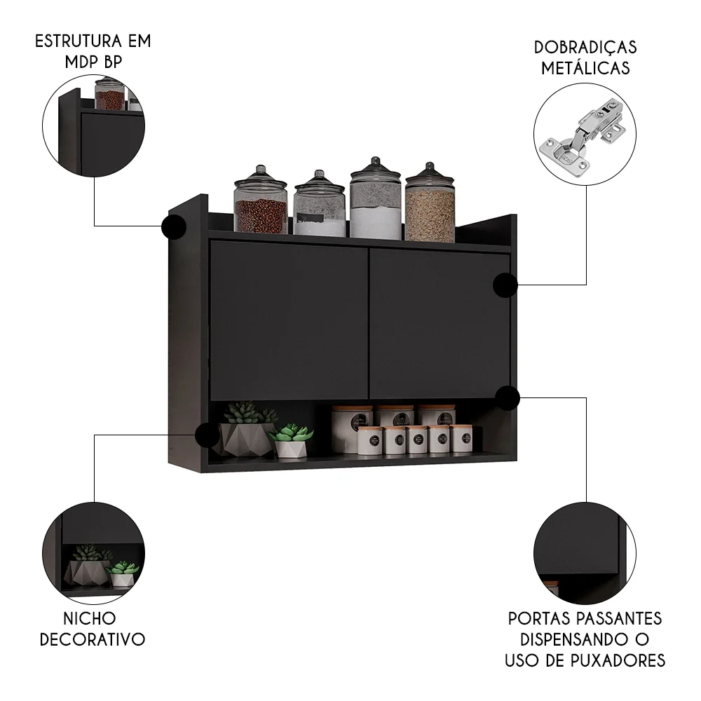 Armário de Cozinha Aéreo 71cm 2 Portas 1 Nicho Ceci Z34 Preto - Mpozenato
