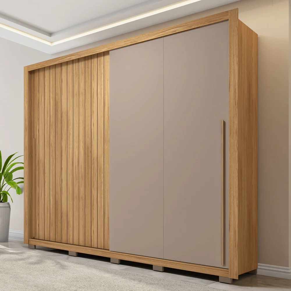 Guarda Roupa Casal 2 Portas de Correr Ripado 245cm Moviment Buriti/Fendi - Caemmun