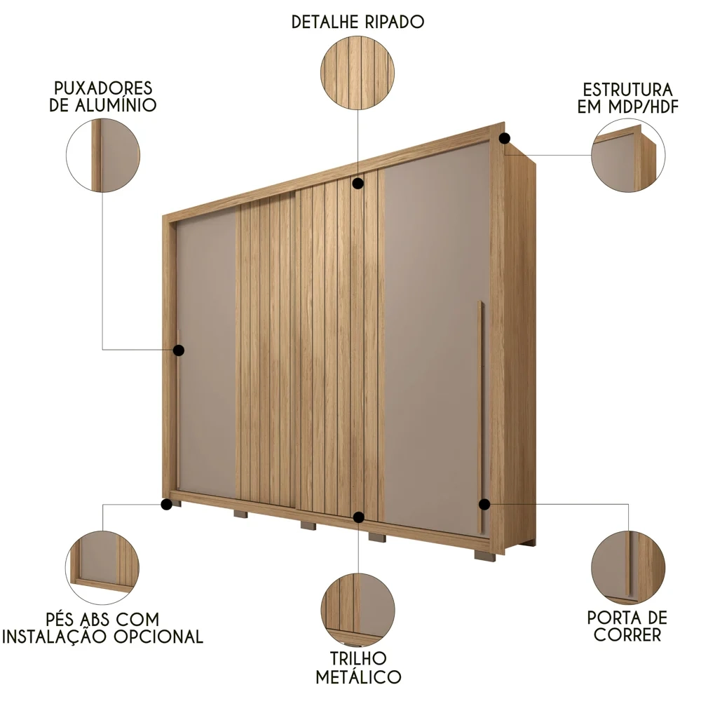 Guarda Roupa Casal 2 Portas de Correr Ripado 245cm Moviment Buriti/Fendi - Caemmun