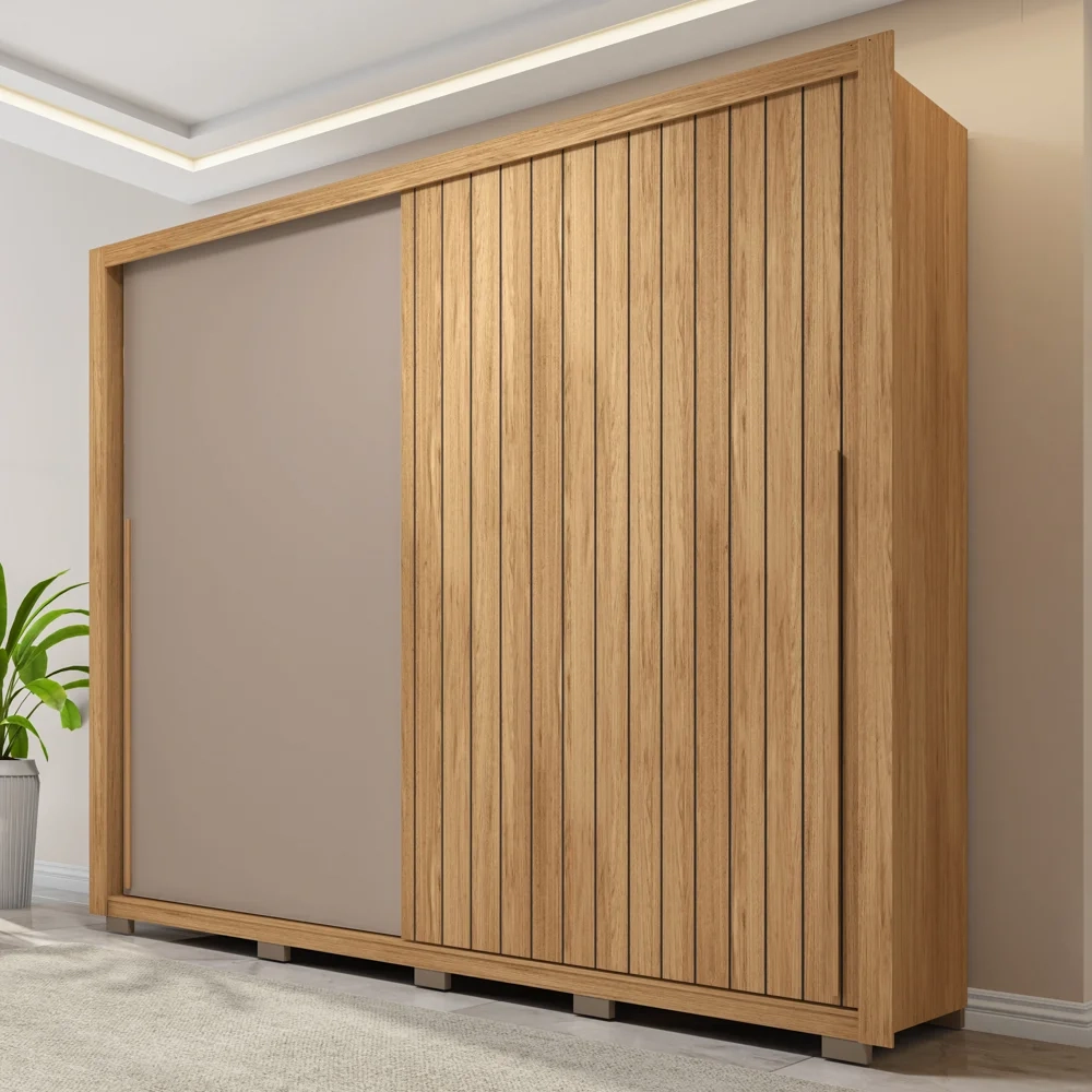 Guarda Roupa Casal 2 Portas de Correr Ripado 245cm Moviment Buriti/Fendi - Caemmun