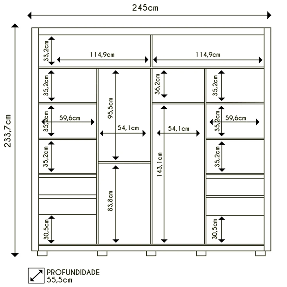 Guarda Roupa Casal 2 Portas de Correr Ripado 245cm Moviment Buriti/Fendi - Caemmun