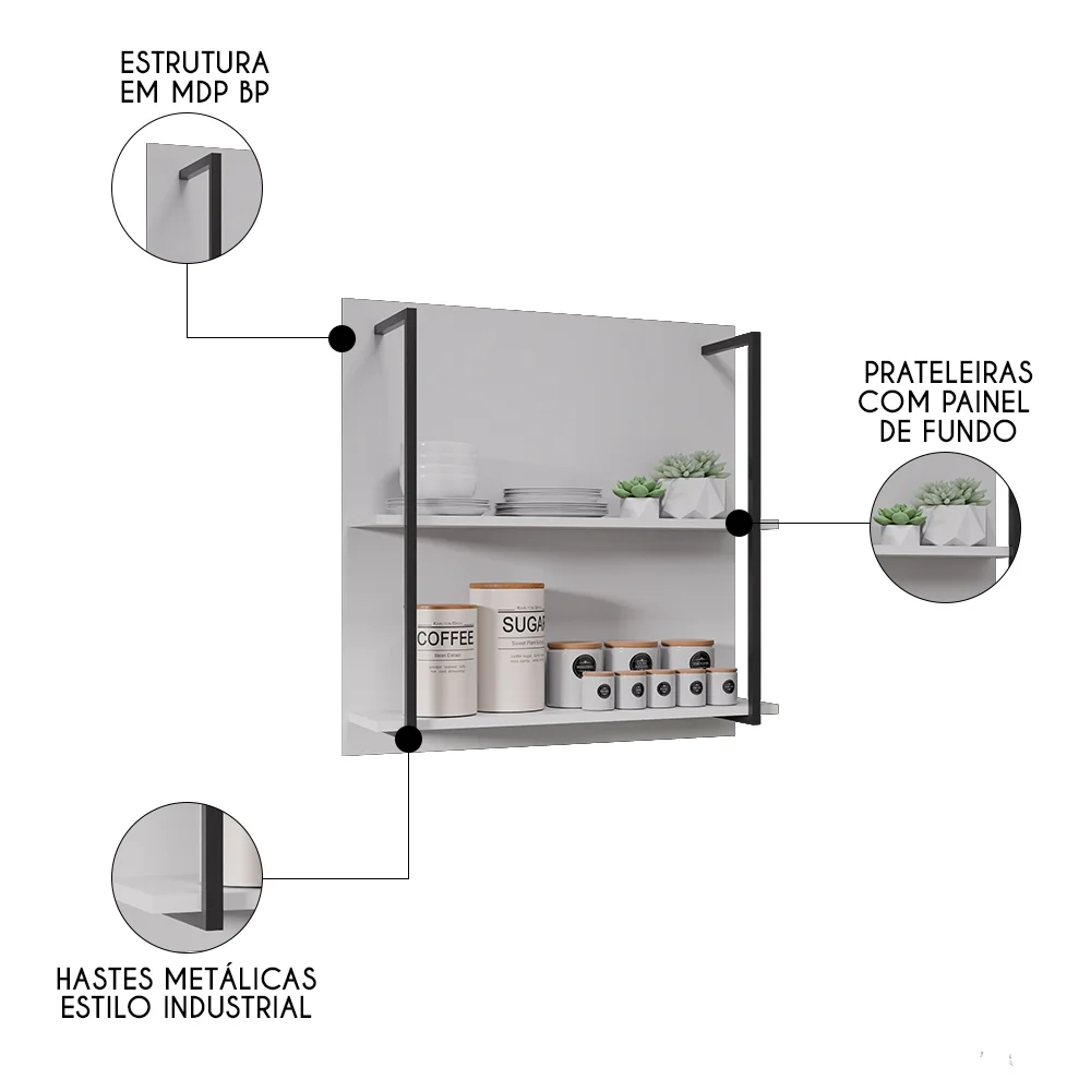 Prateleira Industrial Cozinha Dupla com Painel Flora Z34 Branco - Mpozenato