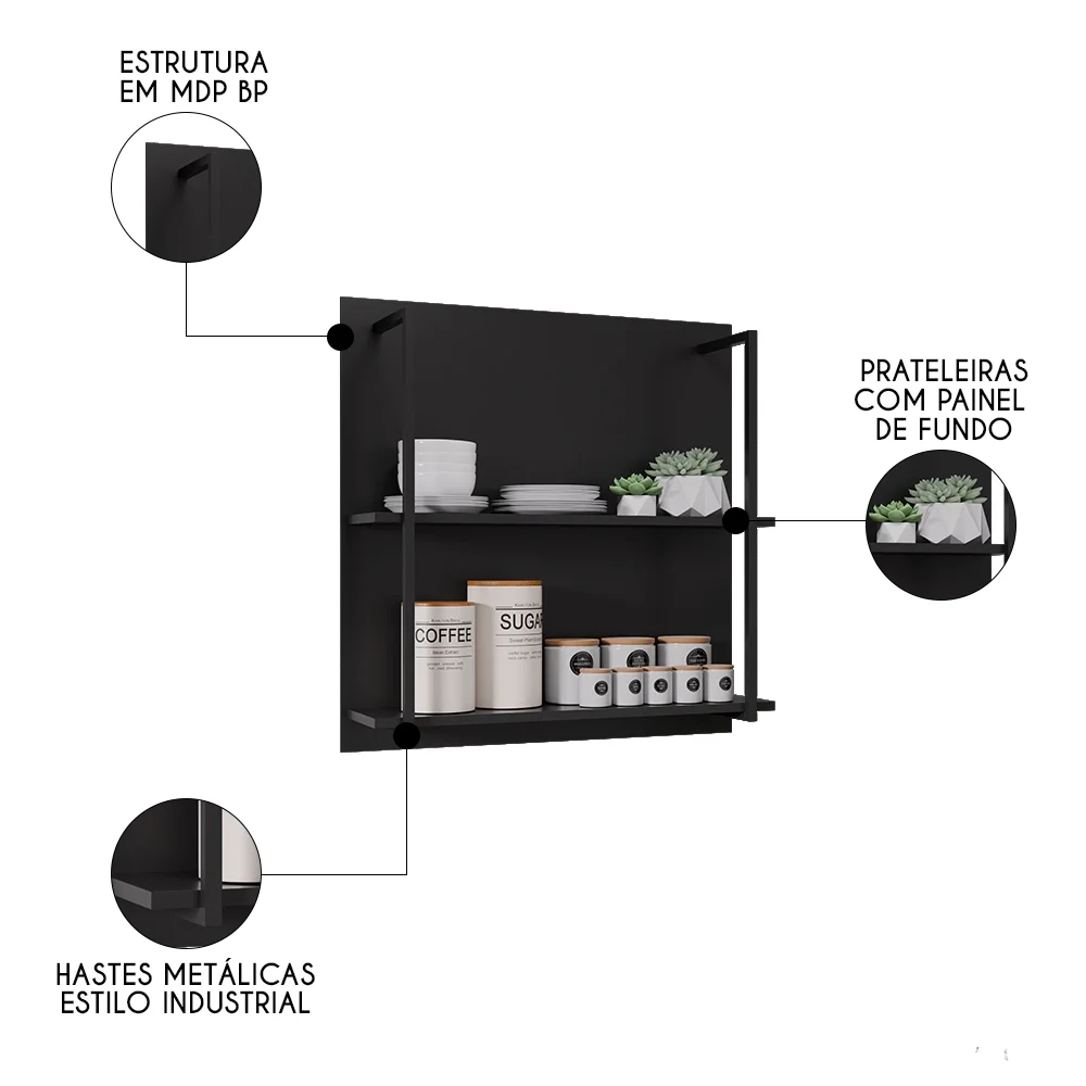 Prateleira Industrial Cozinha Dupla com Painel Flora Z34 Preto - Mpozenato