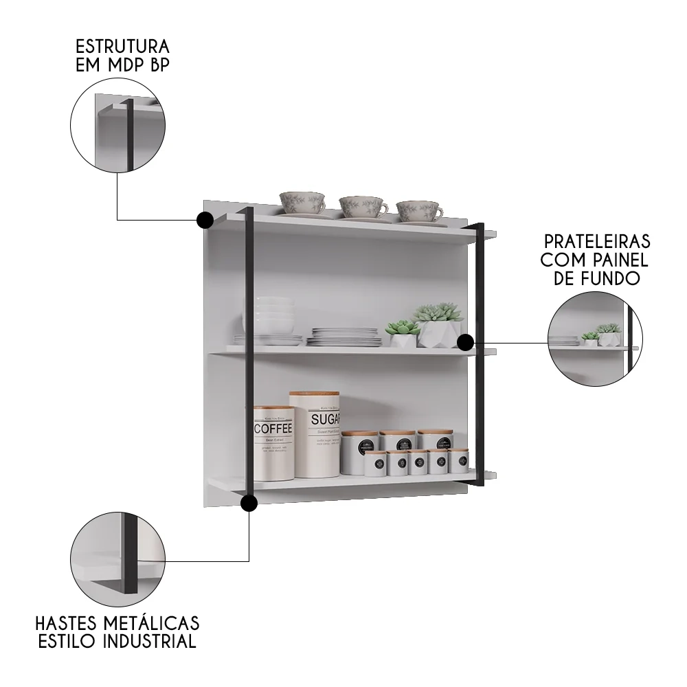 Prateleira Industrial Cozinha Tripla com Painel Flora Z34 Branco - Mpozenato