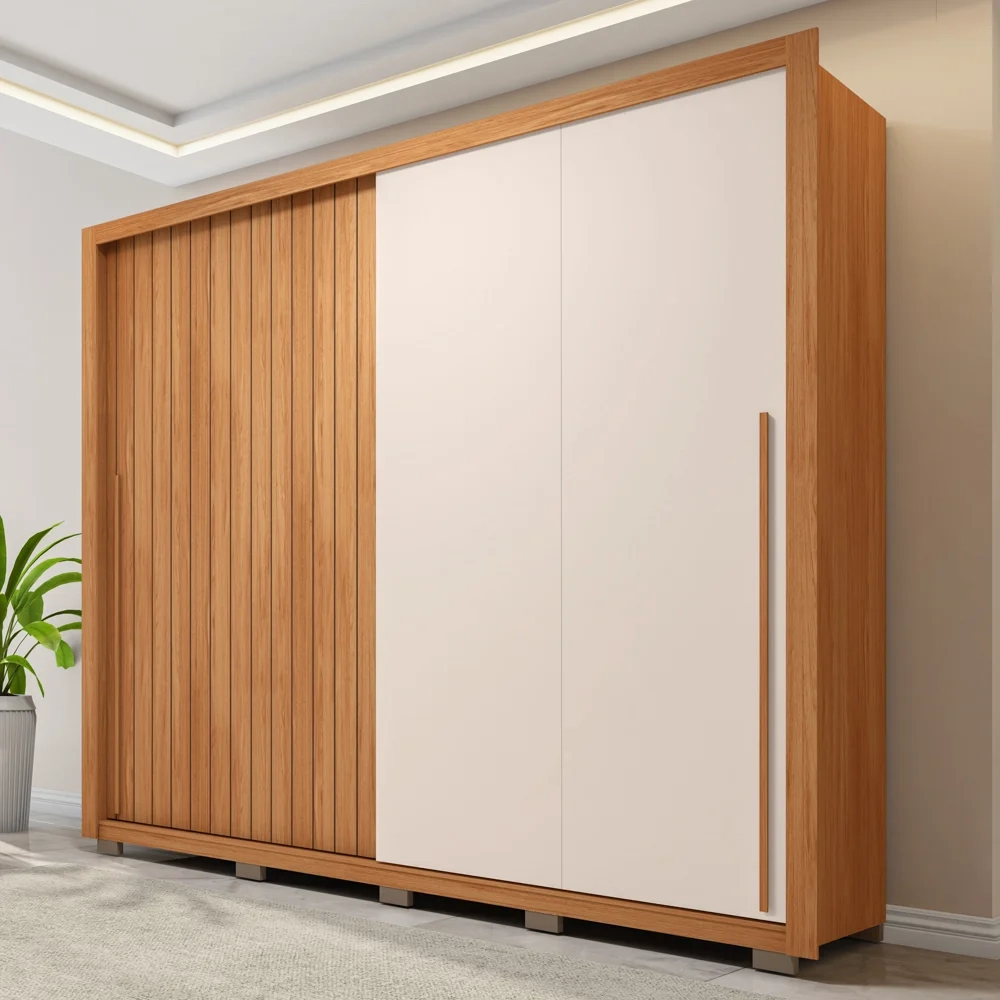 Guarda Roupa Casal 2 Portas de Correr Ripado 245cm Moviment Freijó/Off White - Caemmun