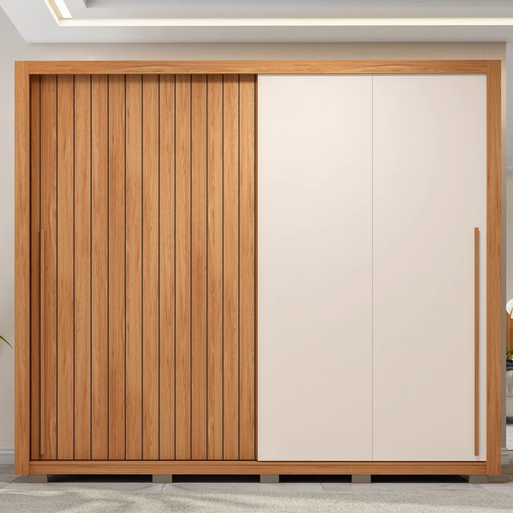 Guarda Roupa Casal 2 Portas de Correr Ripado 245cm Moviment Freijó/Off White - Caemmun