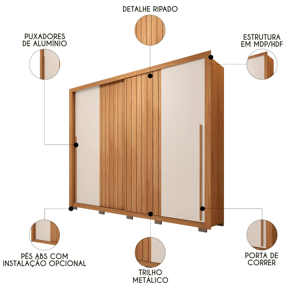 Guarda Roupa Casal 2 Portas de Correr Ripado 245cm Moviment Freijó/Off White - Caemmun