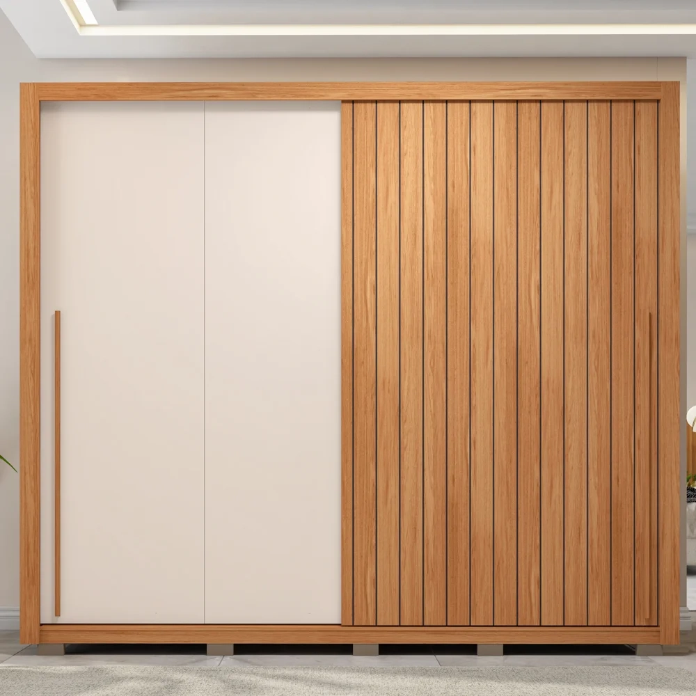 Guarda Roupa Casal 2 Portas de Correr Ripado 245cm Moviment Freijó/Off White - Caemmun