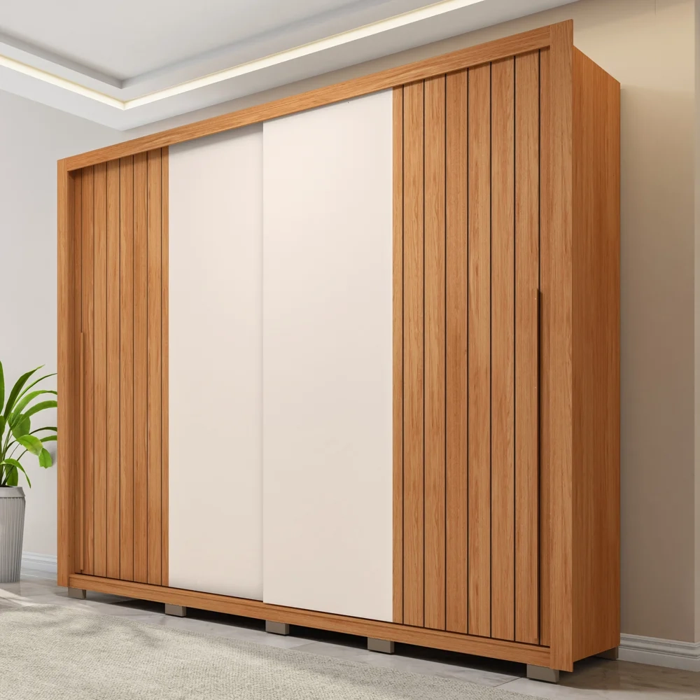 Guarda Roupa Casal 2 Portas de Correr Ripado 245cm Moviment Freijó/Off White - Caemmun