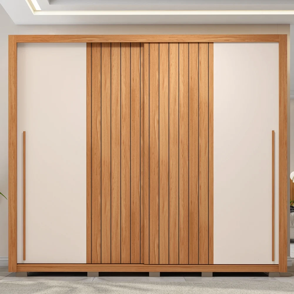 Guarda Roupa Casal 2 Portas de Correr Ripado 245cm Moviment Freijó/Off White - Caemmun