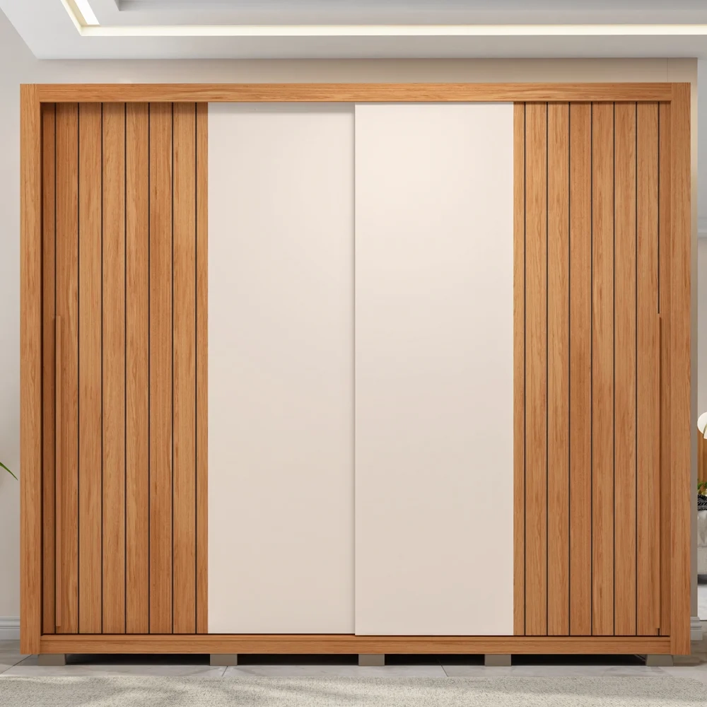 Guarda Roupa Casal 2 Portas de Correr Ripado 245cm Moviment Freijó/Off White - Caemmun