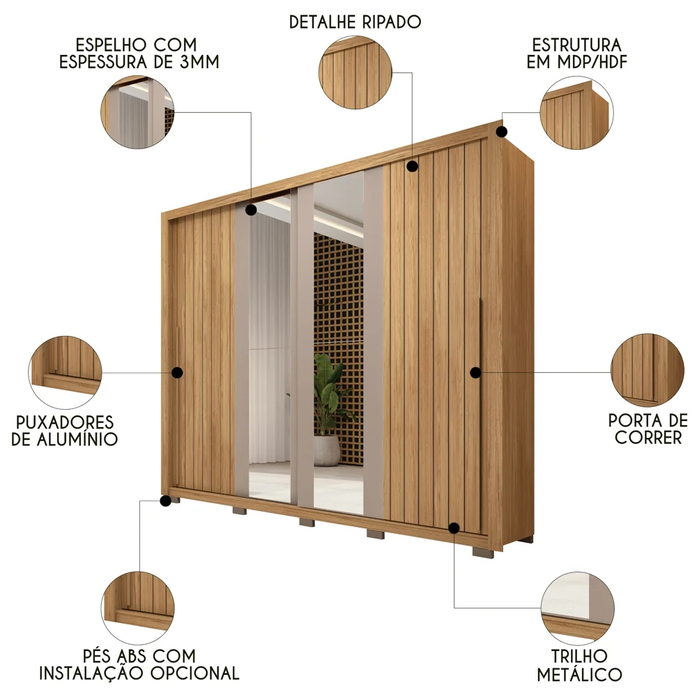 Guarda Roupa Casal 2 Portas de Correr com Espelho Moviment Buriti/Fendi - Caemmun