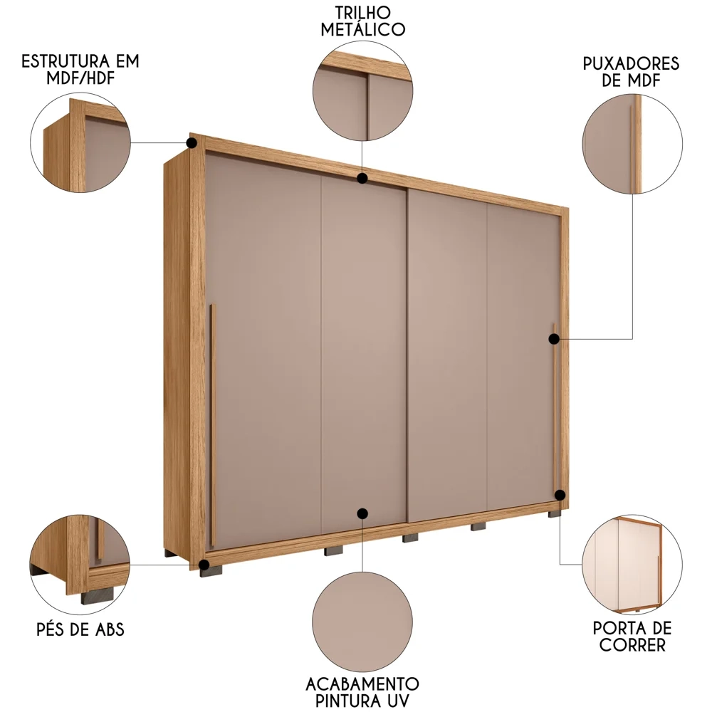 Guarda Roupa Casal 2 Portas de Correr 245cm Praticus Buriti/Fendi - Caemmun
