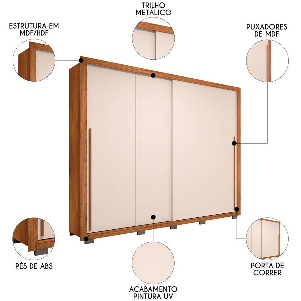 Guarda Roupa Casal 2 Portas de Correr 245cm Praticus Freijó/Off White - Caemmun