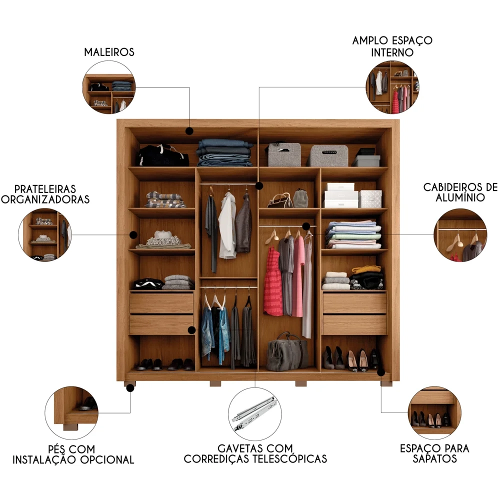 Guarda Roupa Casal 2 Portas de Correr com Espelho Praticus Freijó/Off White - Caemmun