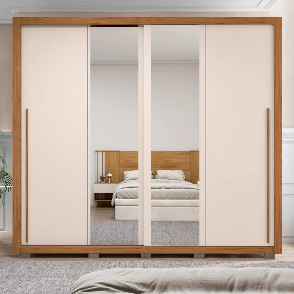 Guarda Roupa Casal 2 Portas de Correr com Espelho Praticus Freijó/Off White - Caemmun