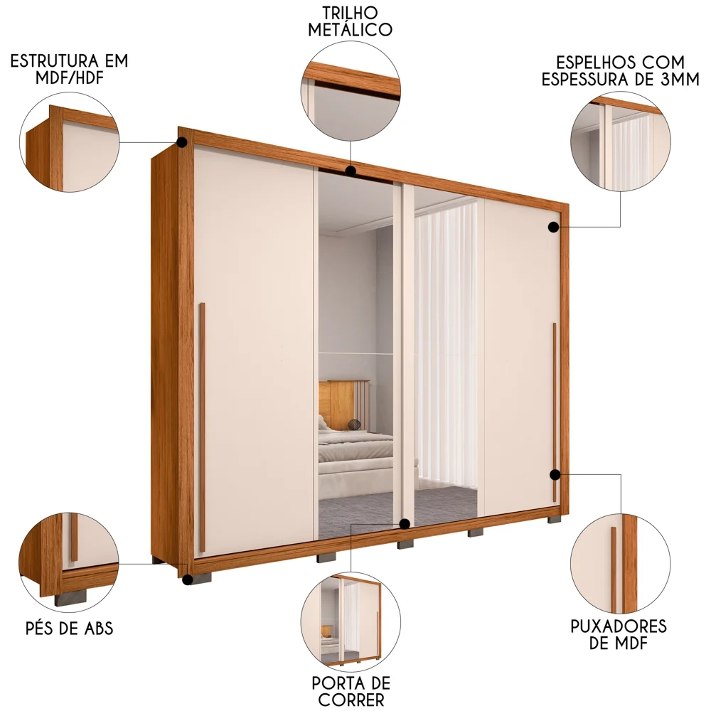 Guarda Roupa Casal 2 Portas de Correr com Espelho Praticus Freijó/Off White - Caemmun