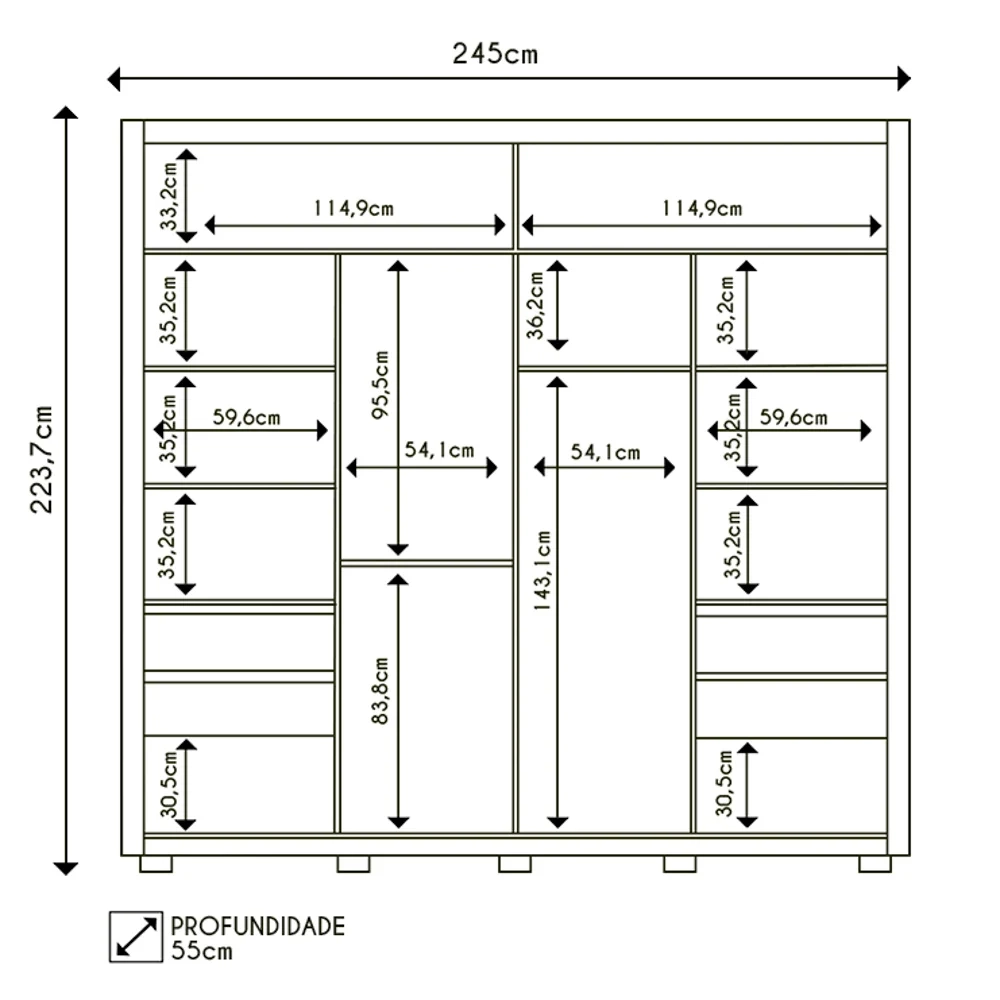 Guarda Roupa Casal 2 Portas de Correr e 8 Espelhos Praticus Buriti/Fendi - Caemmun