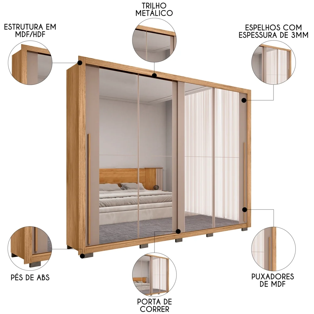 Guarda Roupa Casal 2 Portas de Correr e 8 Espelhos Praticus Buriti/Fendi - Caemmun