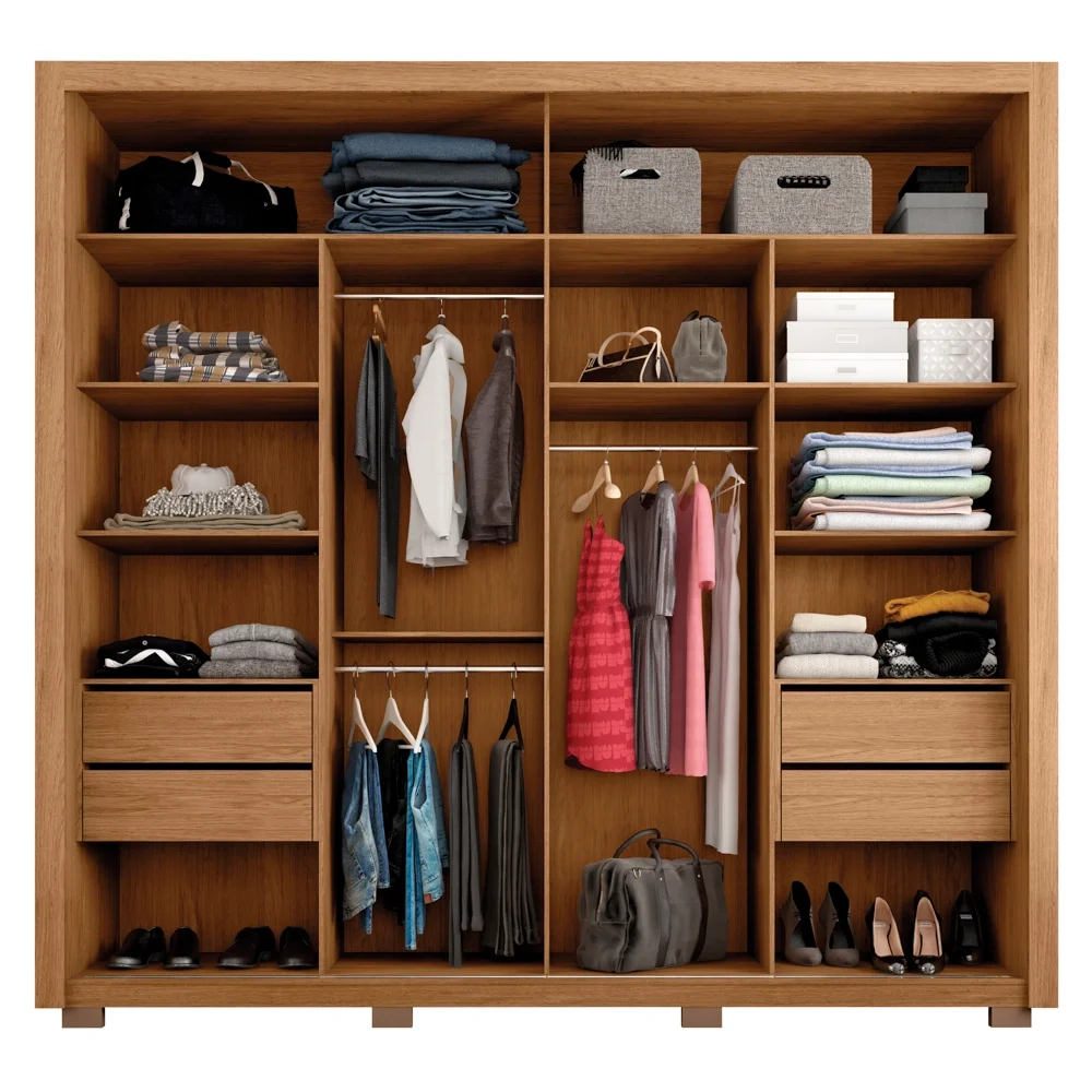 Guarda Roupa Casal 2 Portas de Correr e 8 Espelhos Praticus Buriti/Fendi - Caemmun