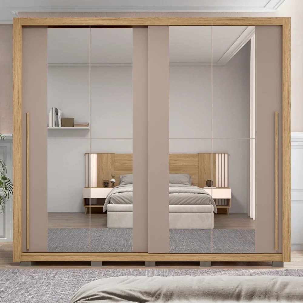 Guarda Roupa Casal 2 Portas de Correr e 8 Espelhos Praticus Buriti/Fendi - Caemmun