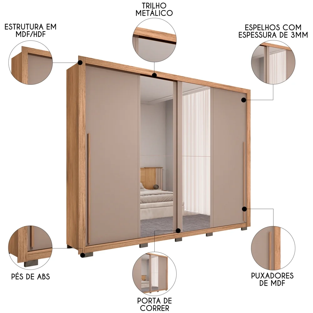 Guarda Roupa Casal 2 Portas de Correr com Espelho Praticus Buriti/Fendi - Caemmun