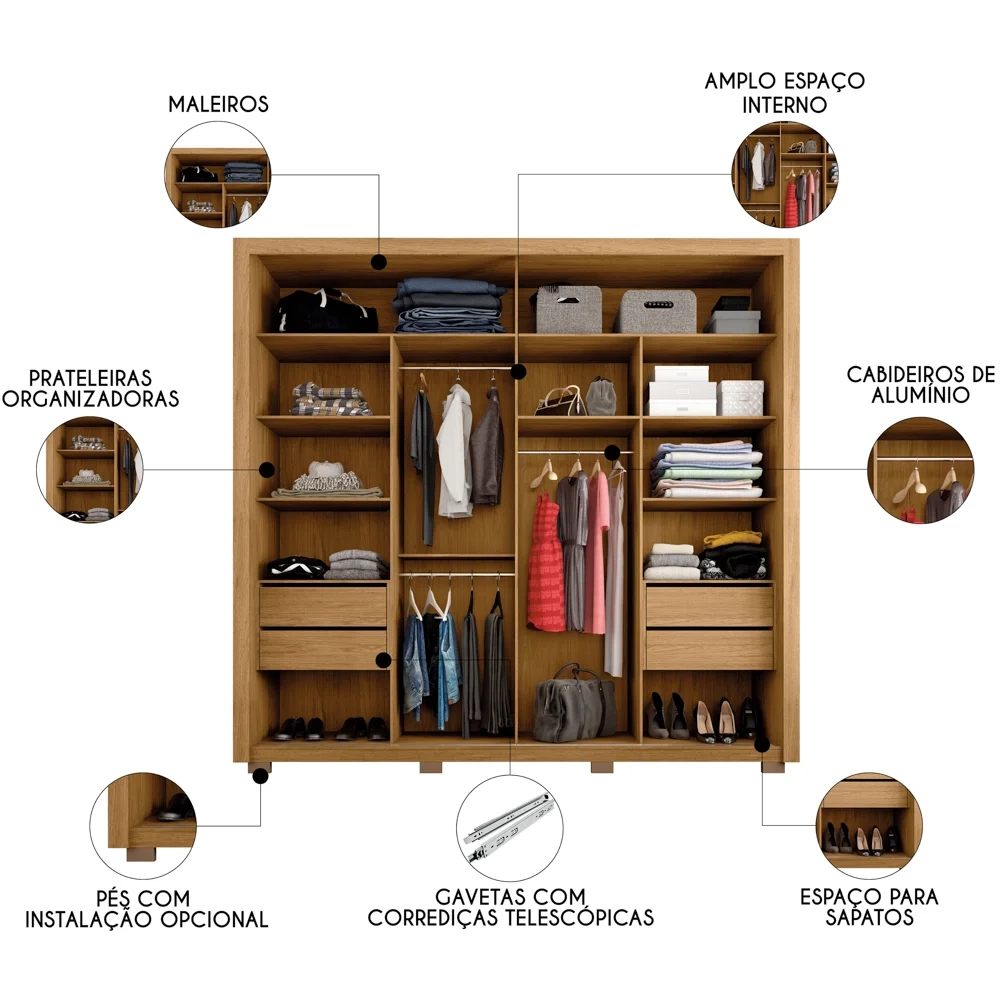 Guarda Roupa Casal 2 Portas de Correr com Espelho Praticus Buriti/Fendi - Caemmun