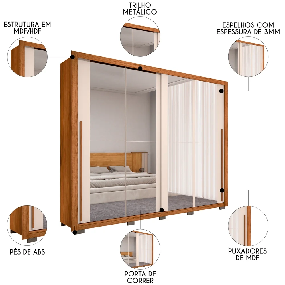 Guarda Roupa Casal 2 Portas de Correr e 8 Espelhos Praticus Freijó/Off White - Caemmun