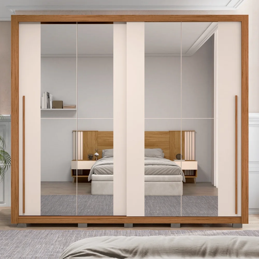 Guarda Roupa Casal 2 Portas de Correr e 8 Espelhos Praticus Freijó/Off White - Caemmun