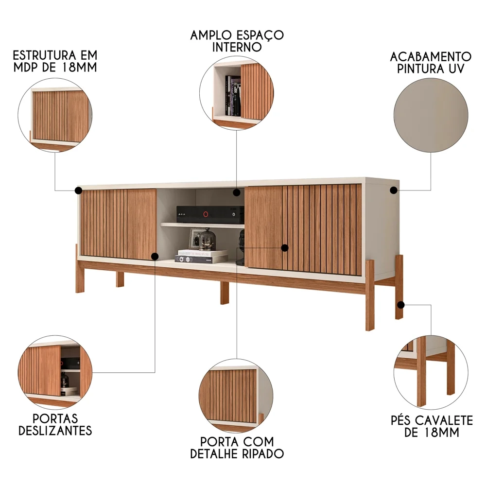 Rack Para Sala Bancada de TV 72 Pol Ripado 184cm Tannen Freijó/Off White - Caemmun