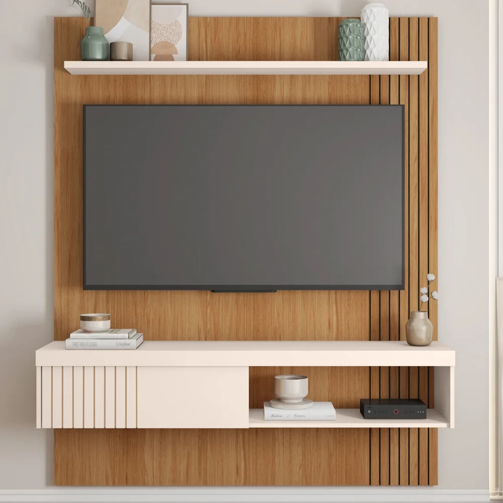 Painel para TV 65 Pol com Bancada Suspensa 150cm Jade Freijó/Off White - Caemmun