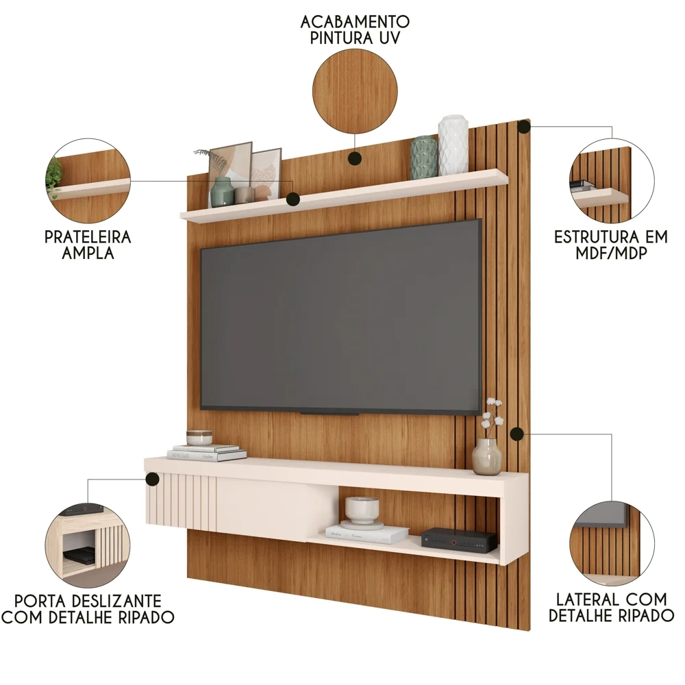 Painel para TV 65 Pol com Bancada Suspensa 150cm Jade Freijó/Off White - Caemmun