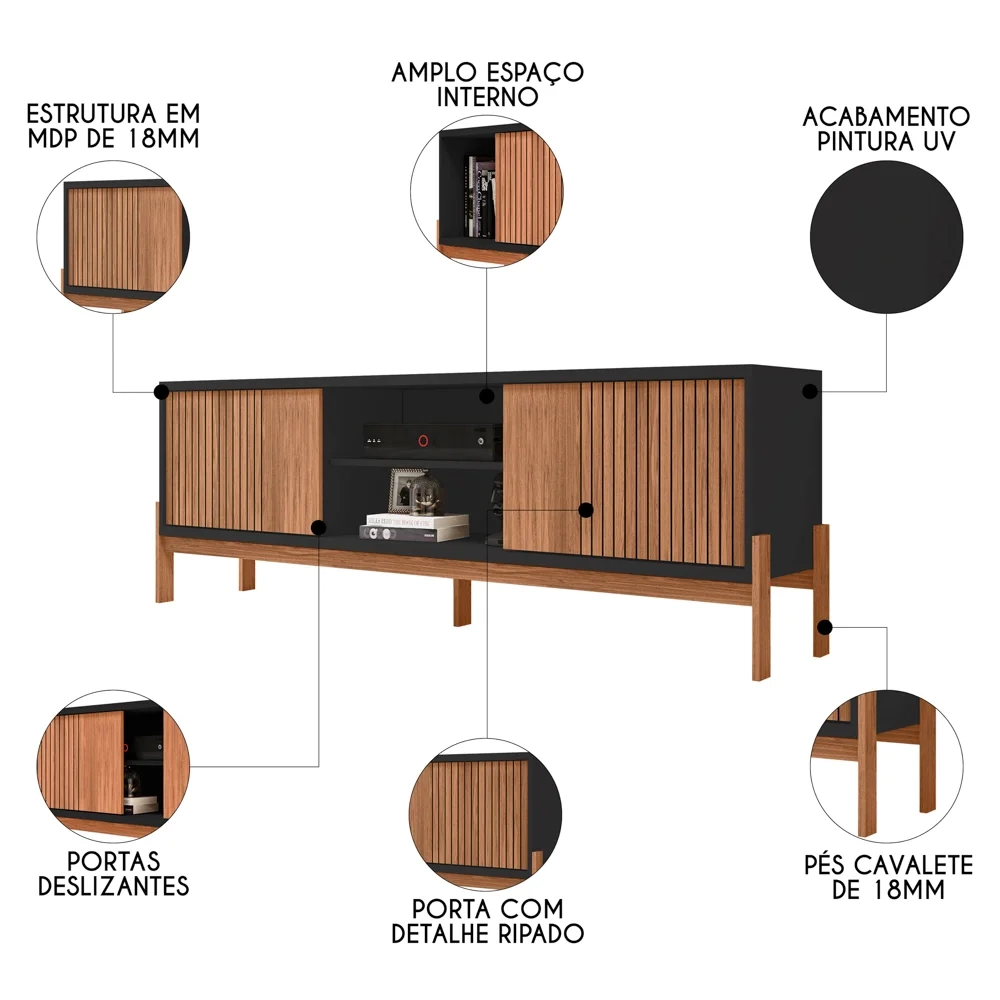 Rack Para Sala Bancada de TV 72 Pol Ripado 184cm Tannen Freijó/Preto - Caemmun