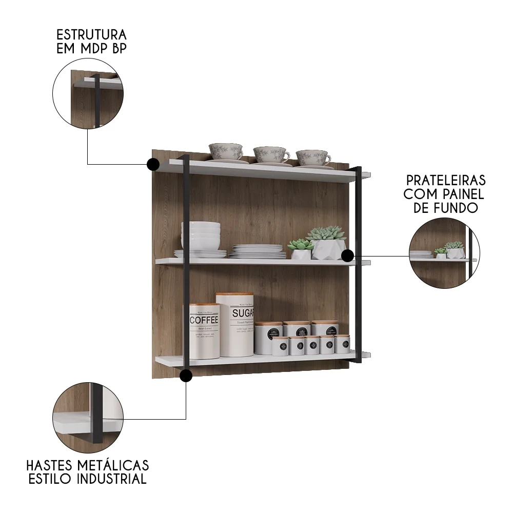 Prateleira Industrial Cozinha Tripla com Painel Flora Z34 Freijó/Branco - Mpozenato