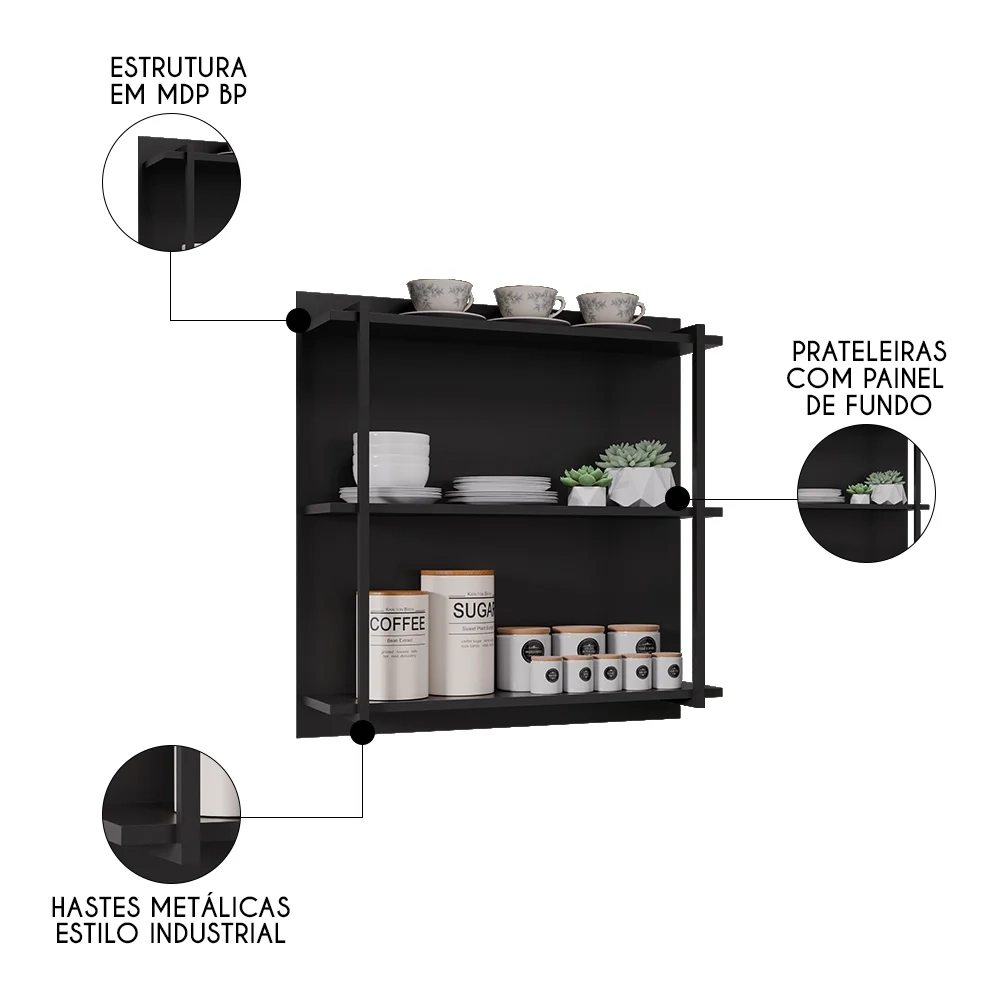 Prateleira Industrial Cozinha Tripla com Painel Flora Z34 Preto - Mpozenato