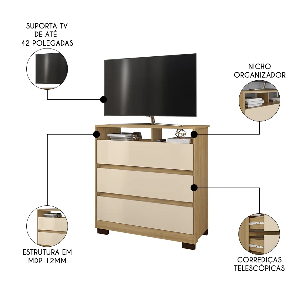 Cômoda para Quarto 3 Gavetas 90cm Califórnia Carvalho/Off White - Incorplac