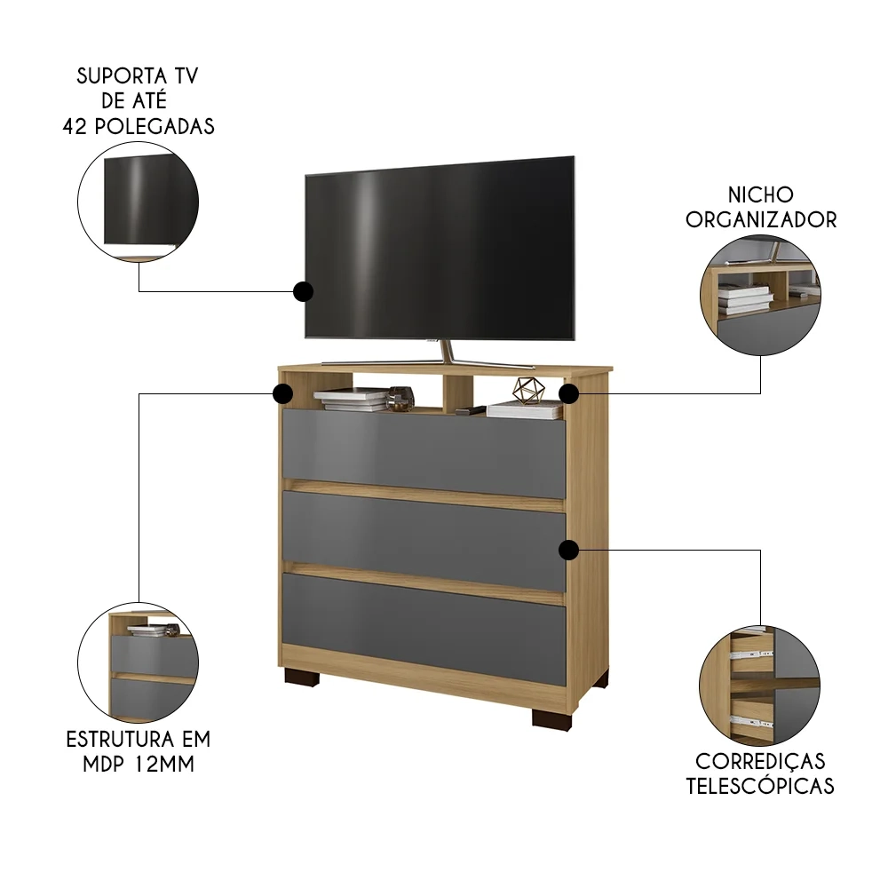 Cômoda para Quarto 3 Gavetas 90cm Califórnia Carvalho/Grafite - Incorplac